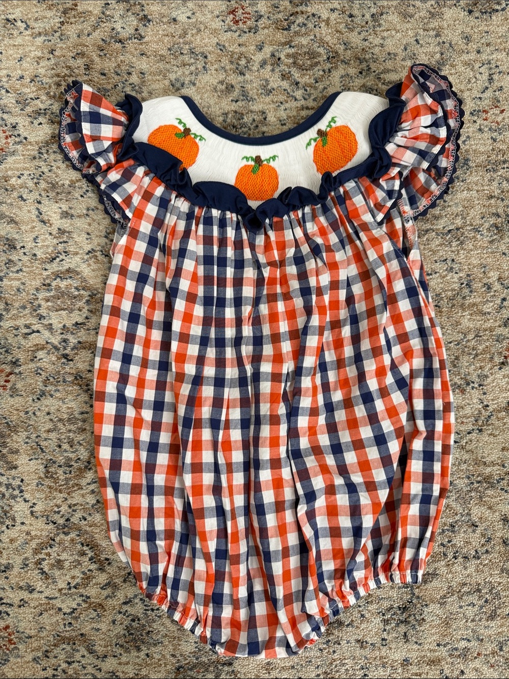 The Smocked Flamingo Pumpkin Gingham Bubble- Size 2T